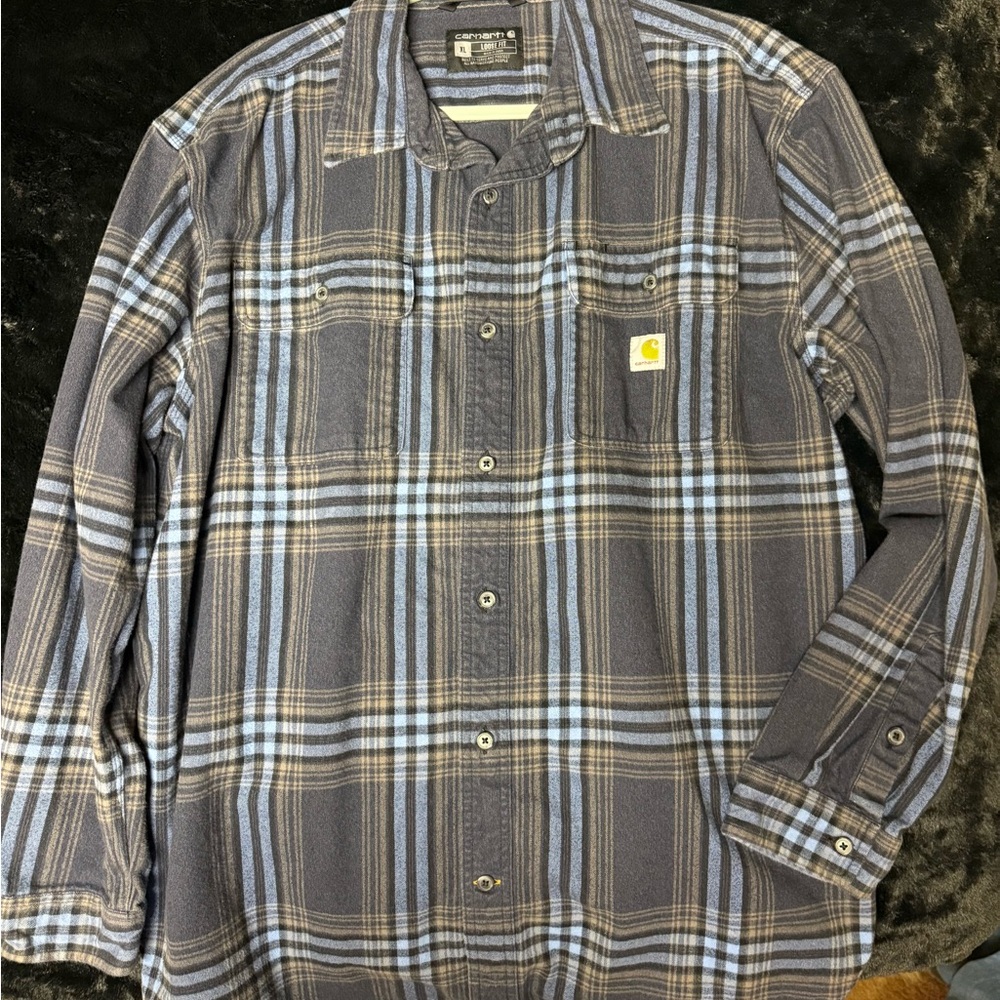 Carhartt Men’s Navy and Light Blue Plaid Button-Down Shirt